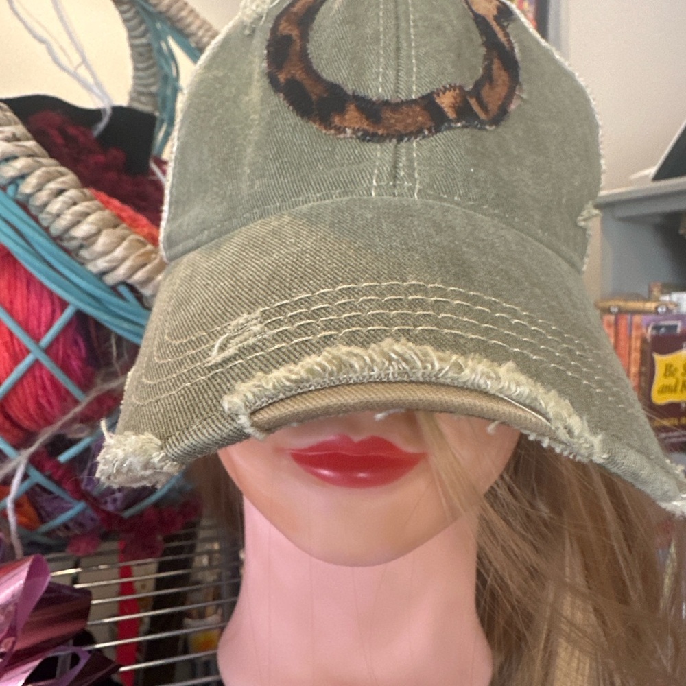Headmost Olive Distressed Baseball Cap with Leopard Print Accent New